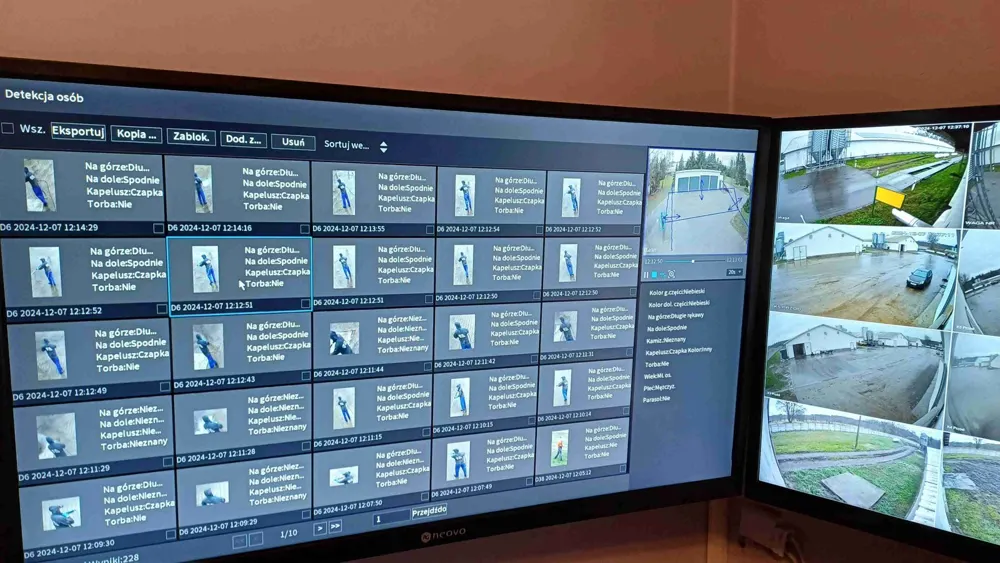 Lista zdarzeń detekcji człowieka i podgląd kamer fermy na monitorze